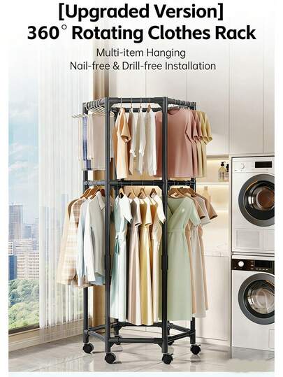 6-Arm Foldable Clothes Drying Rack With Wheels, 360° Single/Double Layer Rotating Clothes Drying Rack, Heavy-Duty Hexagonal Clothes Drying Rack, Easy Assembly Without Tools, Multi-Functional Clothes Drying Rack, Suitable For Balcony, Bedroom, Indoor And Outdoor Use.