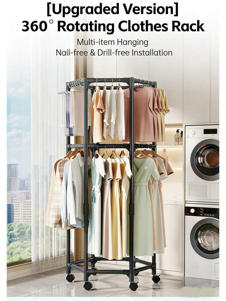 6-Arm Foldable Clothes Drying Rack With Wheels, 360° Single/Double Layer Rotating Clothes Drying Rack, Heavy-Duty Hexagonal Clothes Drying Rack, Easy Assembly Without Tools, Multi-Functional Clothes Drying Rack, Suitable For Balcony, Bedroom, Indoor And Outdoor Use. - Black Double Layer - View 1