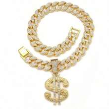 15毫米奢华宠物项圈，链配大美元吊坠，嘻哈风格宠物项链，适合猫狗佩戴 - 彩色 - 查看 18