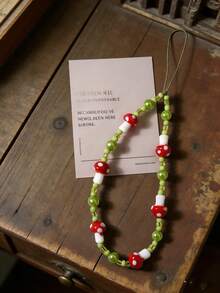 多元素串珠单件装治愈系森系手机挂绳，蘑菇牛油果绿串珠钥匙扣，适用于所有手机型号，装饰氛围礼品，森系风格，春季礼物 - 彩色 - 查看 4