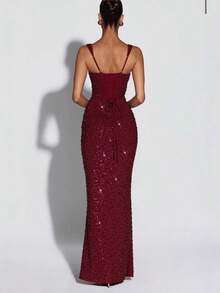 New Women's Slim-Fit Bodycon Dress With Faux Handmade Iridescent Sequins And Spaghetti Straps - 深紅色(26003) - 查看 6