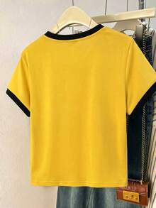Women's Casual Contrast Color Side Stripe T-Shirt, College Style Daily Wear Short Sleeve Tee, Summer Patchwork Minimalist Fitted Retro Striped Sports Top - Yellow - View 2