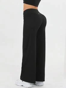 Women's Casual Sports Pants - High Waist Loose Casual Pants - Comfortable And Elastic Loose Pants Made Of Elastic Material - Straight Leg Pants With Hem For Spring And Summer Yoga Pants, Women's High Waist Elastic Casual Soft Straight Leg Pants - 黑色 - 查看 6