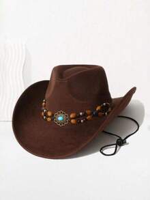 A Western Country Cowboy Hat Made Of Faux Suede Fabric, Paired With A Windproof Rope And Hand-Stitched Wooden Beads Set With Sapphires, Suitable For Daily Leisure, Music Festivals, And Parties. - Deerskin Heart - View 11