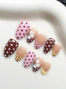 10pcs Handmade Faux Nails, Featuring Pink Almond Shape & Brown Carbide Accents, Paired With Yellow French Embossed Pattern, Cute Minimalist Chic High-End - Multicolor - View 3