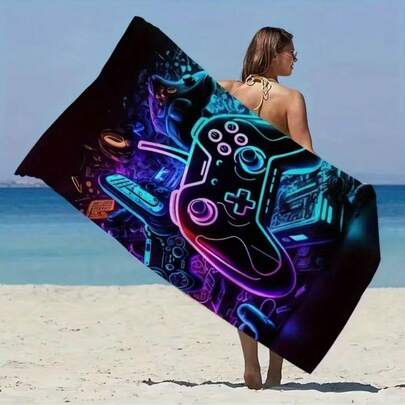 1-Pack Game Themed Beach Towel, Featuring Neon Game Controller And Gaming Elements, Large Quick-Dry Hand Towel/Bath Towel/Beach Towel, Sand & Sun Proof, Lightweight & Comfortable, Suitable For Surfing, Swimming And Yoga