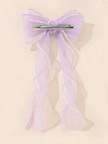 1pc Korean Style Double-Layer Mesh Pearl Ribbon Hair Clip, Claw Clips - Purple - View 2