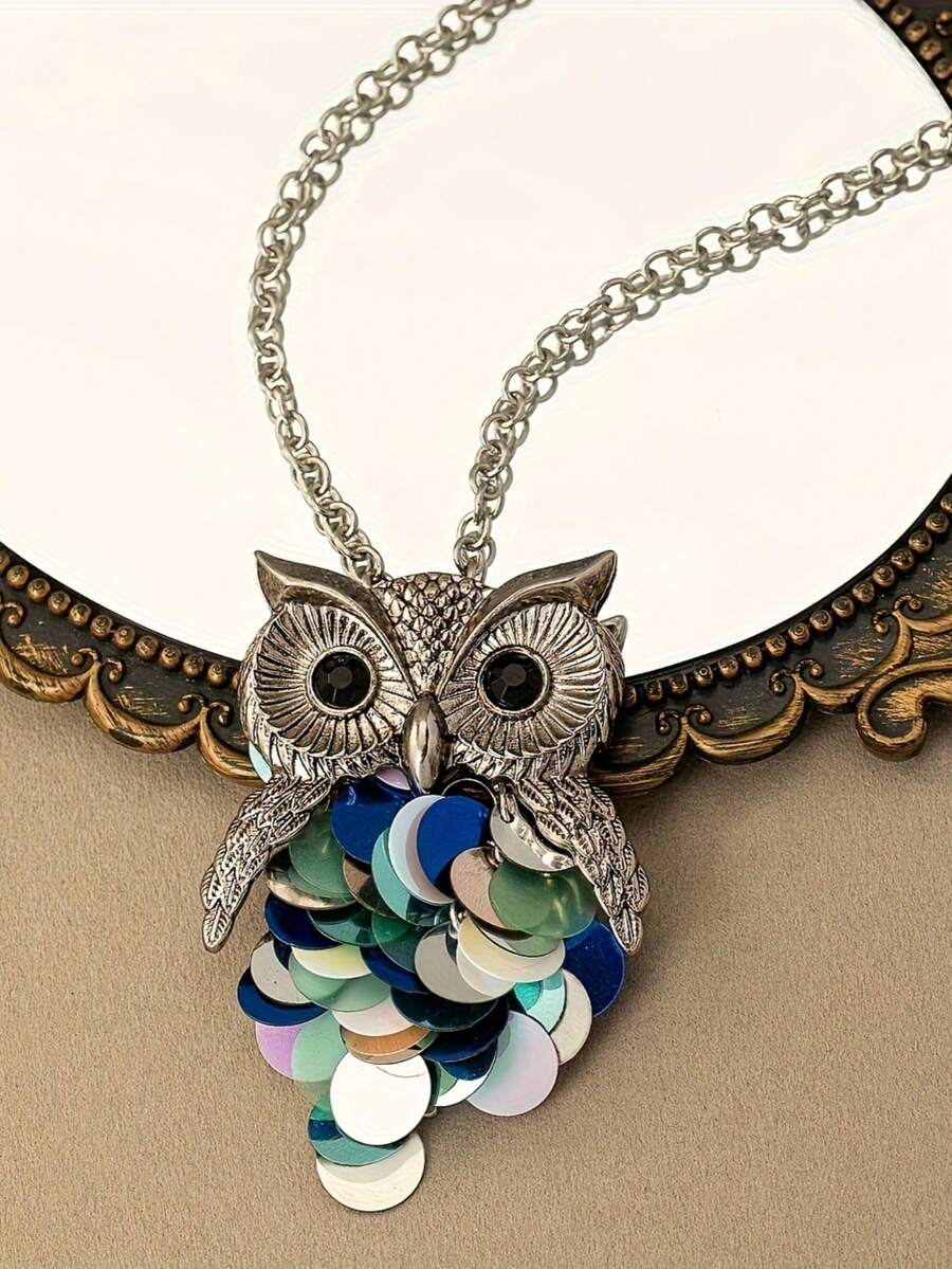 1 chiếc dây chuyền dài mặt hình cú mèo đính sequin phong cách Bohemian, thích hợp để đeo hàng ngày, dự tiệc, làm quà tặng hoặc phối đồ. - Dây chuyền mặt hình cú mèo dài - Xem 1