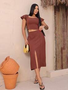 Women's Tailored Set: Cropped Top With Ruffled Sleeves, Midi Skirt With Front Slit, High Waist. Elegant Women's Fashion Set ✨ Casual, Vacation, Beach - 棕色的 - 查看 4
