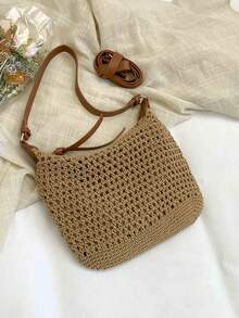 Dedoo 这款休闲度假风棉质钩编手提包，采用镂空编织工艺，给人清新轻松的感觉。它是一款大容量新月形休闲单肩包，适合春、夏或海边郊游度假。 - 卡其色 - 查看 9