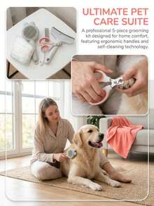 5-Piece Professional Pet Grooming Kit With Self-Cleaning Slicker Brush, Ergonomic Nail Clippers & Safety Scissors, All-In-One Home Grooming Set For Small To Large Dogs And Cats - View 9