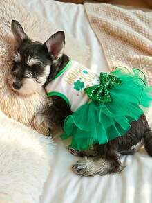 PETCIRCLE 1件宠物服装，狗/猫连衣裙，春夏新款薄纱裙，幸运仙女薄纱裙，轻盈薄纱裙 - 綠色 - 查看 3