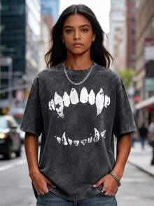 Funny Graphic Tee Short Sleeve T-Shirt Vintage Wash Tee Black Teeth Graphic Print Casual Daily Wear Y2K Street Wear Unique Quirky Pattern Short-Sleeve T-Shirt - 黑色 - 查看 4