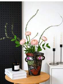 1pc Retro Contrast Color 3D Face Resin Vase, Creative Handpainted Art Flower Pot, Home Decor For Living Room, Dining Table, Balcony, Bedroom, Unique Gift For Artistic Friends, Suitable For Artificial/Fresh Flowers - B - View 4