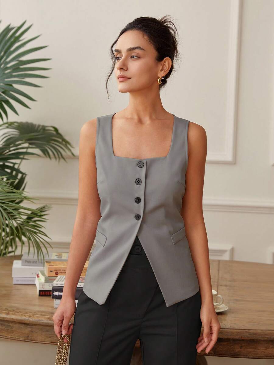 Women's Square Neck Short Sleeve Button Front Split Hem Casual Loose Comfortable Camisole, Old Money Crop Tops, Backless Business Casual Top Summer - Grey - View 1