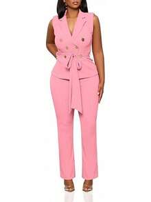 CALEBGAR Women's Business Suit 2 Piece Set, V Neck Sleeveless Belted Vest & Straight Leg Pants, Office Workwear Outfit - 粉色 - 查看 3