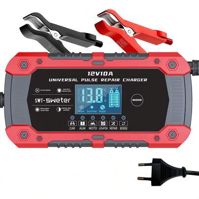 10 แอมป์ เครื่องชาร์จแบตเตอรี่แบบ EU Plug SWT-1880, เครื่องชาร์จแบบหยดอัจฉริยะ 12V เครื่องชาร์จแบตเตอรี่รถยนต์ เครื่องบำรุงรักษาอัตโนมัติเต็มรูปแบบ เครื่องกำจัดซัลเฟต ชดเชยอุณหภูมิ สำหรับแบตเตอรี่รถยนต์ รถบรรทุก เครื่องตัดหญ้า เรือเดินทะเล (สีแดง)