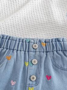 女婴不对称心形刺绣荷叶边下摆牛仔裙 - 藍色 - 查看 7