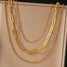 18K镀金扁平蛇形链项链，不锈钢蛇形链项链，时尚简约首饰礼品 - 金黃色 - 查看 7