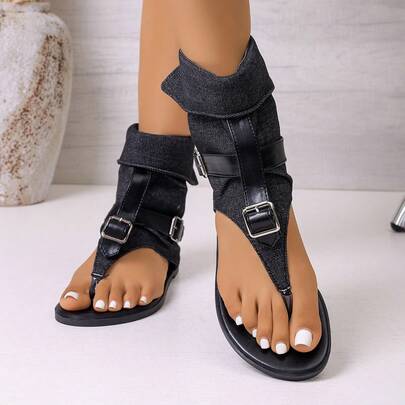 Dép xăng đan cao cổ đế bằng bằng vải denim mới năm 2026 dành cho nữ, dép xỏ ngón da có khóa cài mùa hè.