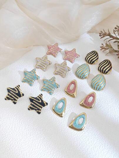 4对装多款彩色耳环，夏季海滩海星珍珠镶嵌耳环，不规则几何设计耳环，金色耳环，新款油滴不锈钢首饰，优雅女士礼物，节日配饰，假日配饰，红色耳环，母亲节复活节礼物，日常佩戴，婚礼派对夸张吸睛首饰