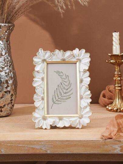 1pc White Resin Frame With Gold Trim, 3D Daisy Flower Pattern Decorative Photo Frame, Square Shape For Home Desktop Display, Horizontal & Vertical Use, Suitable For Home Decor And Photography Props
