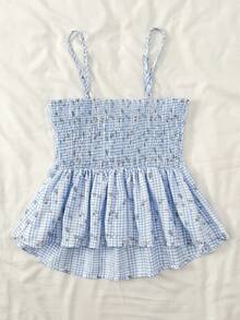 女士吊带背心，适合夏季度假、毕业典礼、婚礼、返校等场合，格子花卉蕾丝印花复古风格，可爱休闲夏日风，甜美浪漫乡村风，宽松版型，下摆宽松系带吊带背心。 - 淺藍色 - 查看 2