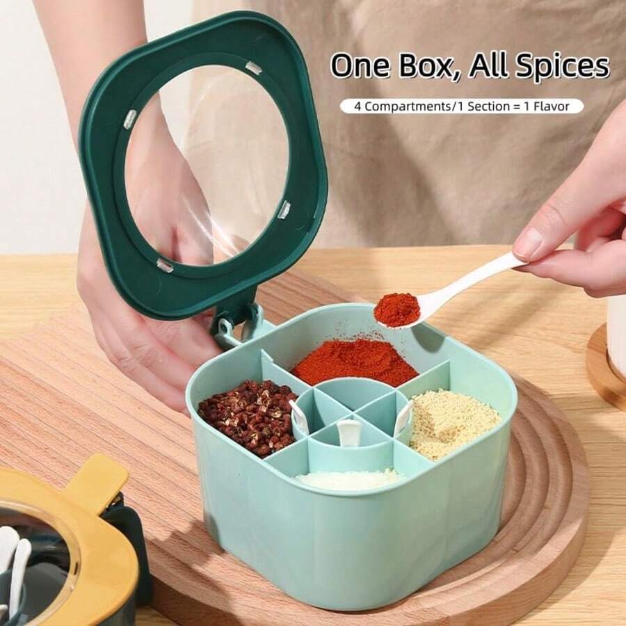 1 pieza/2 piezas Cajas con tapa para condimentos de material PP con 4 compartimentos, tarros para almacenar sal, azúcar, pimienta con asas para uso doméstico y de cocina, diseño a prueba de fugas, fácil de limpiar, esencial de cocina, uso doméstico, conveniente y rápido, dimensiones (4.7in X 2.7in)