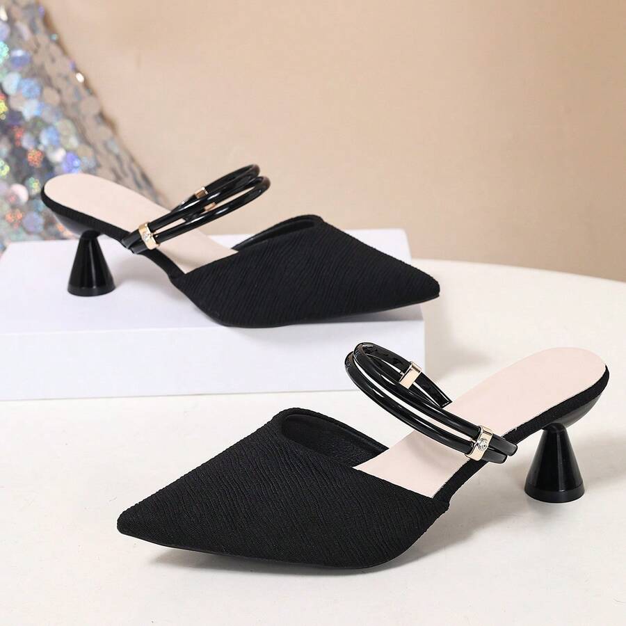 Women's Pointed Toe Mule Slip-On Heels, New Spring/Autumn Design,Kitten Heels - Black 1 - View 1