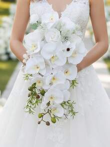 Boho Wedding Waterfall Bouquet Artificial Silk Flowers, Handmade Faux Rose & Butterfly Orchid Bridal Cascade Bouquet For Wedding Photoshoot Party Decor,Festival,Elegant - Multicolor - View 2