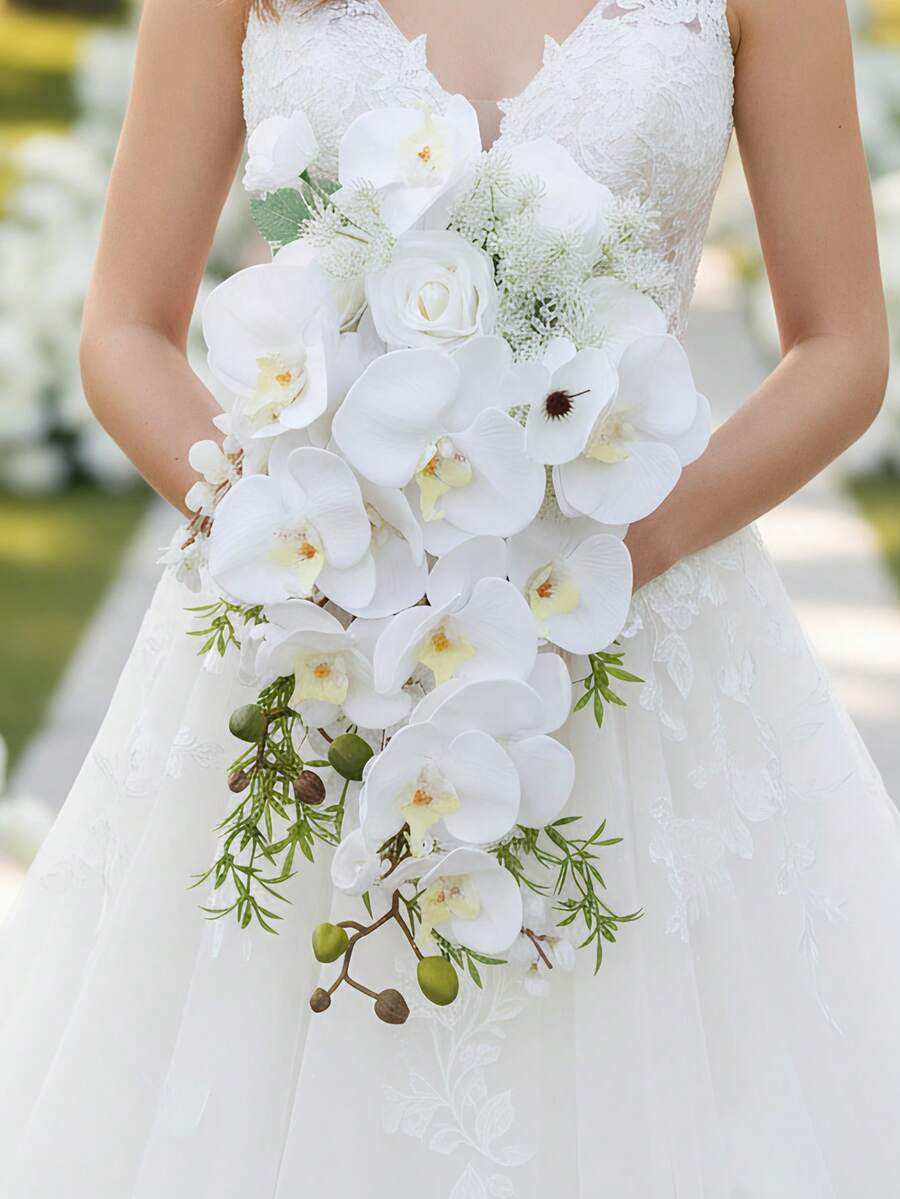 Boho Wedding Waterfall Bouquet Artificial Silk Flowers, Handmade Faux Rose & Butterfly Orchid Bridal Cascade Bouquet For Wedding Photoshoot Party Decor,Festival,Elegant