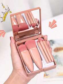 1 Set de Kit de Brochas de Maquillaje Portátil, que incluye Espejo de Maquillaje, 5 piezas de Brochas con Mango de Plástico, Agarre Cómodo, Brocha de Base Suave, Brocha de Polvos, Brocha Difuminadora, Brocha de Sombras de Ojos, Brocha de Labios, Adecuado para Piel Sensible, Herramientas de Maquillaje Compactas y Elegantes, Regalo Ideal para Chicas - Rosa Pálido - Ver 5