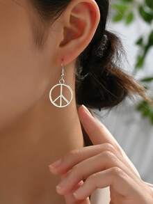 1 Pair Minimalist Geometric Circle And Peace Sign Dangle Earrings, Suitable For Women's Daily And Casual Wear - Antique Silver - View 1