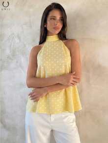 UMII Women's Valentine's Day Yellow Polka Dot Camisole, High Neck A-Line Chiffon Double Layer Sleeveless Top, Retro Collegiate Casual Date Blouse Summer - Yellow - View 3