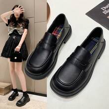Mocasines de Verano 2026, Punta Redonda, Sin Cordones, Suela Gruesa, Estilo Británico, Zapatos de Cuero Versátiles para Mujer, para Uso en Exteriores - Negro - Ver 1