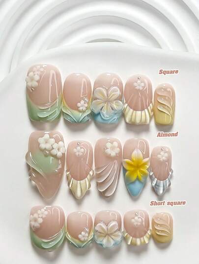 10件套多巴胺风格多边形凝胶美甲套装，包含亚克力美甲贴纸、白色花朵美甲配件、手绘白色渐变花朵、纯色水波纹、贝壳纹理、蓝/绿/黄指甲油，是送给女性和女孩的理想礼物，套装内含美甲工具（1张果冻贴纸+1把指甲锉），三种尺寸可选：方形、短矩形、杏仁形