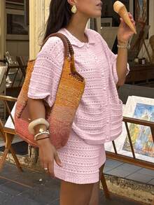 女士两件套，春夏短袖纯色纽扣针织开衫+松紧腰短裤，休闲可爱宽松度假沙滩两件套 粉色 - 粉色 - 查看 2