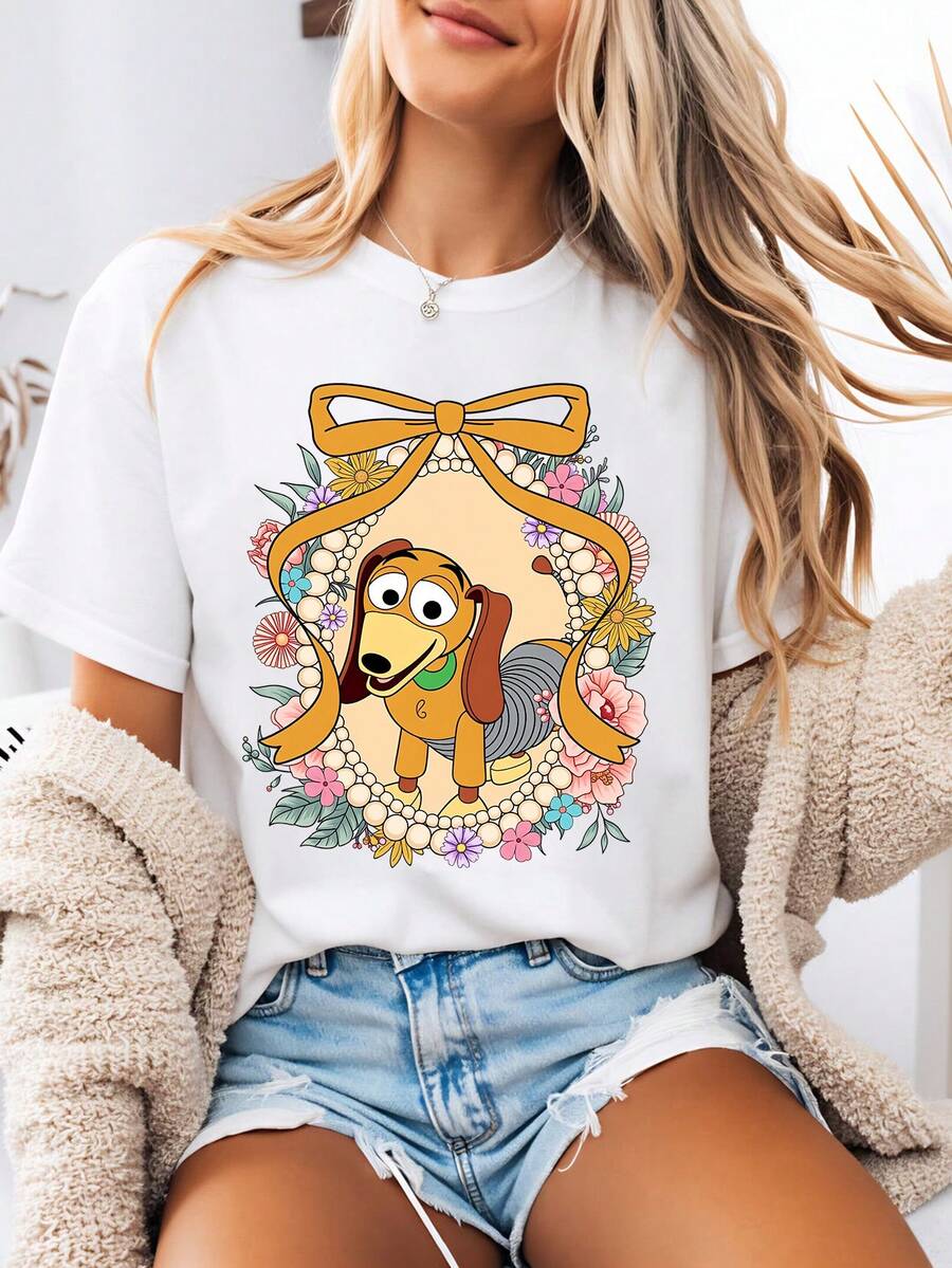 Disney-Style Women's Printed T-Shirt Featuring A Retro Cartoon Print In The Style Of Toy Story's Slinky Dog Badge. This Round-Neck Summer Top Is Crafted From Soft, Comfortable 100% Cotton Fabric, Perfect For Everyday Wear, Outdoor Activities, Or Shopping. It Also Makes An Ideal Choice For Women's - White - View 1