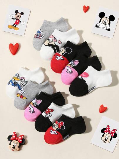 Disney 5/10双装迪士尼儿童/男孩/女孩学院风短袜，可爱俏皮的卡通米妮/米奇/爱心图案装饰，个性时尚吸湿透气休闲运动袜，适合学生日常穿着/生日派对/休闲运动/旅行，颜色和款式随机。