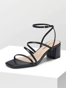 Fashion Chunky Low Heel Summer Sandals For Teenagers Thin Strap Square Open Toe Heeled Sandals For Party Wedding Evening - 黑色 - 查看 1