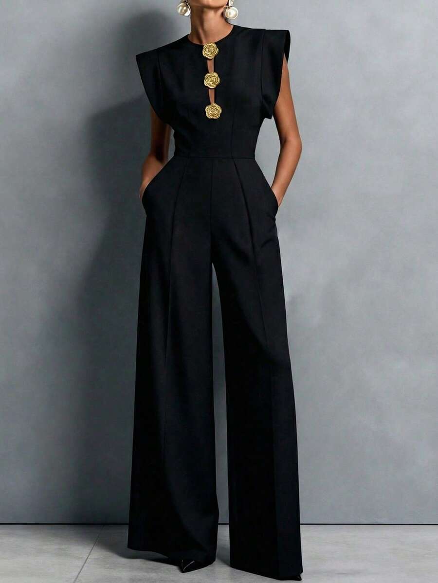 Women's Black Formal Elegant Classic Jumpsuit With Gold Floral Decoration And Pockets Summer - Black - View 1