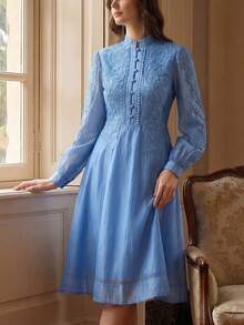 优雅法式复古半开襟立领蕾丝边修身奢华女士连衣裙 春季 - 藍色 - 查看 1