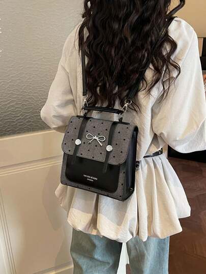 A Fashionable And Casual Women's Backpack/Handbag, Featuring A Novel Polka Dot, Heart, And Bow Print Design. An Essential Commuting Item. A Fashionable Shoulder Bag That Is Popular Among Women. Suitable For Commuting, Back-To-School Season, And Shopping.