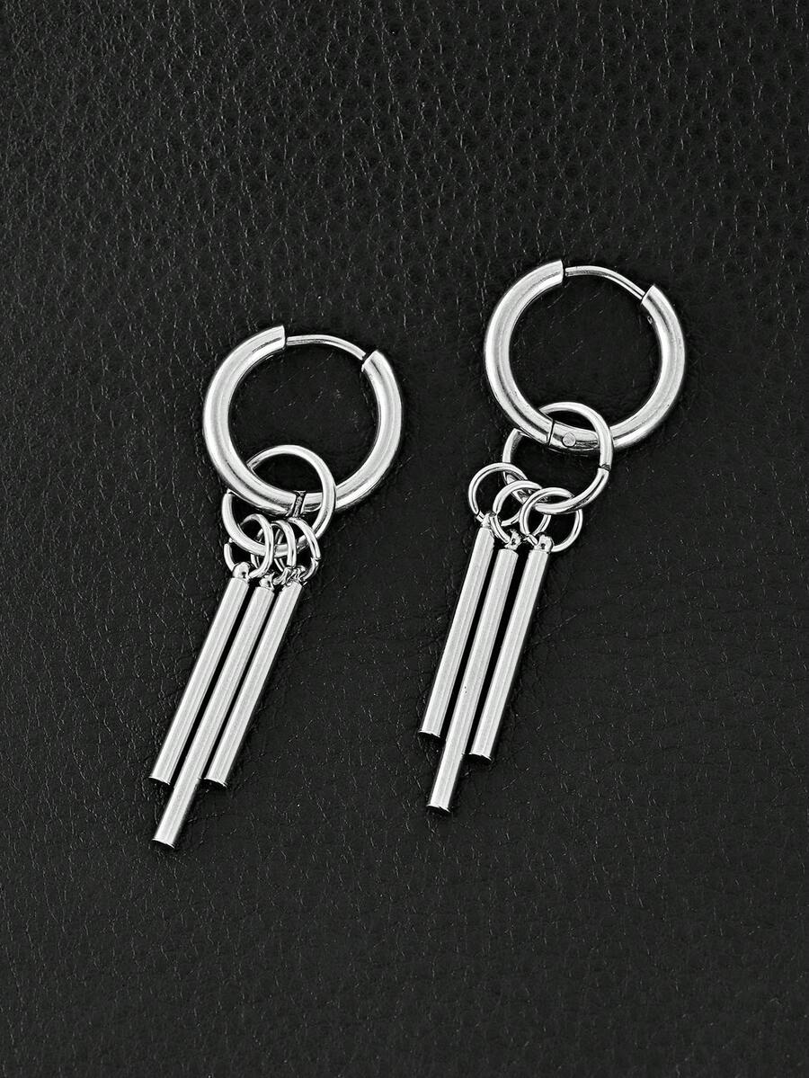 1 par de pendientes de acero inoxidable con múltiples barras, diseño de moda y único para hombres - Plateado - Ver 1