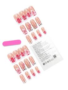 24 piezas de uñas postizas cuadradas/Las uñas están decoradas con múltiples pétalos tridimensionales hechos a mano, que se funden gradualmente con rosa pálido y blanco lechoso. - Multicolor - Ver 6