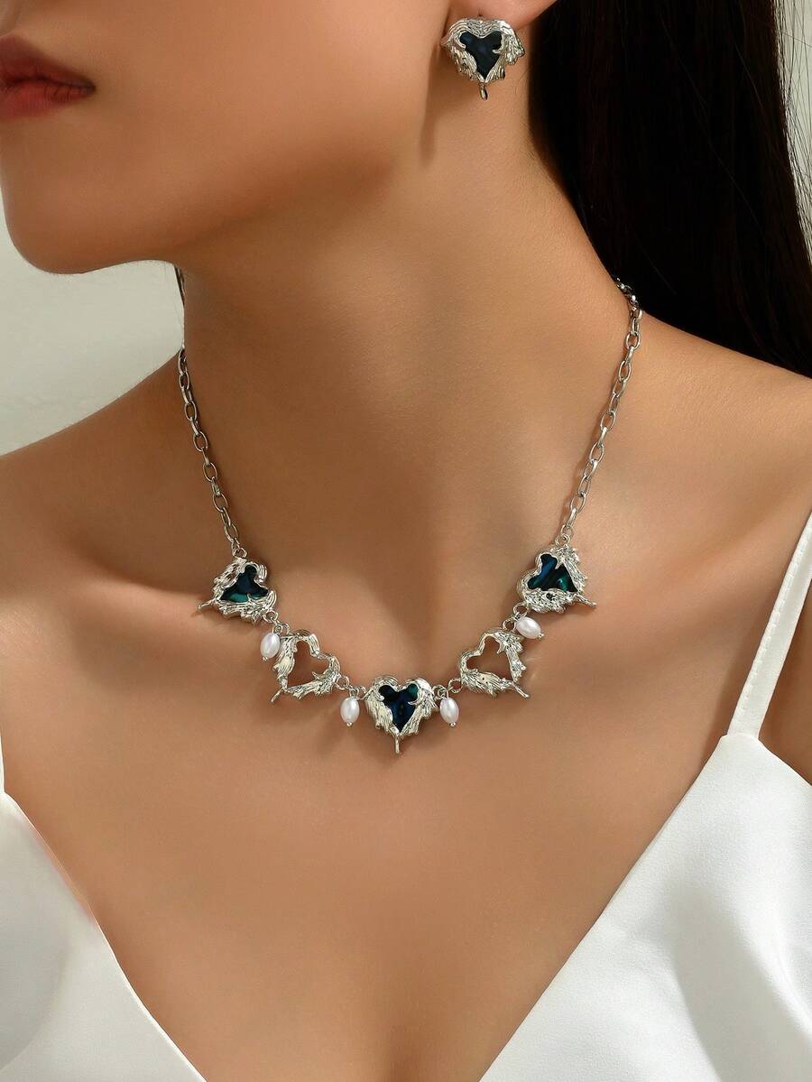 2pcs/Set Minimalist Asymmetrical Blue Heart Earrings & Necklace Set, Korean Stylish Personalized Jewelry - Multicolor - View 1