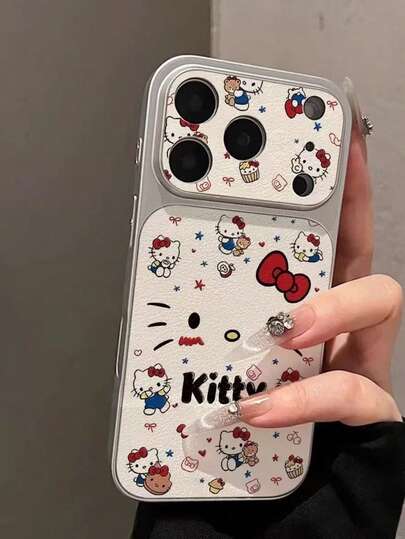 SANRIO 可爱害羞的KT猫表情全屏手机壳，适用于 17 Pro Max，金属哑光皮革质感，时尚又兼具保护性，也适用于 16/15 Plus、14 Pro、13。