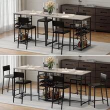 3 Piece Breakfast Bar Table Set, Kitchen Breakfast Bar Table And Stools Set With Wine Rack & 4 Open Shelves, Space Saving Table And Chairs, PU Leather Bar Stools For Dining Room Pub, Industrial Style - Grey - View 7