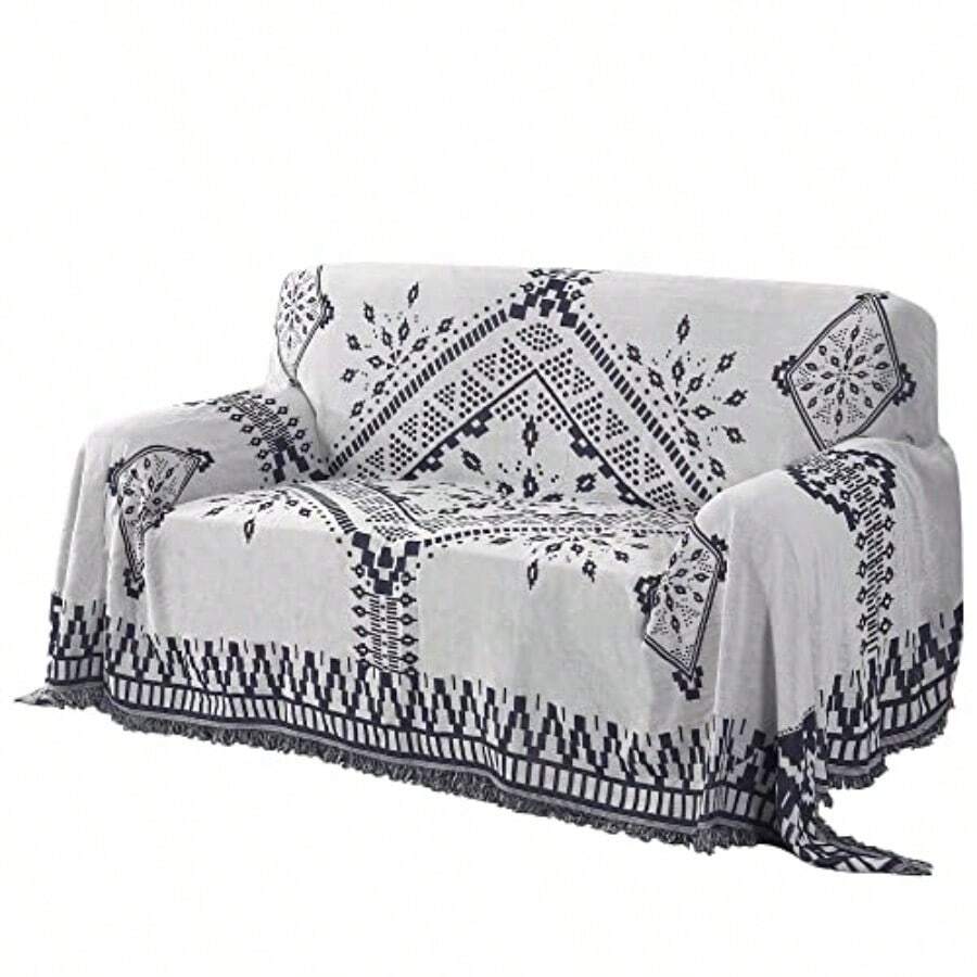H.VERSAILTEX - Funda de sofá reversible funda de sofá para perro funda de sofá para la mayoría de los sofás protector de muebles con borlas funda de sofá seccional L 180 x 259 cm azul - Azul Marino/Blanco - Ver 1