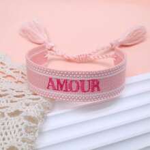 1pc Handmade Embroidered French "AMOUR" Creative Braided Vintage Style Bracelet, Suitable For Couples, Holiday Gift, Blessing Cord - Baby Pink - View 7